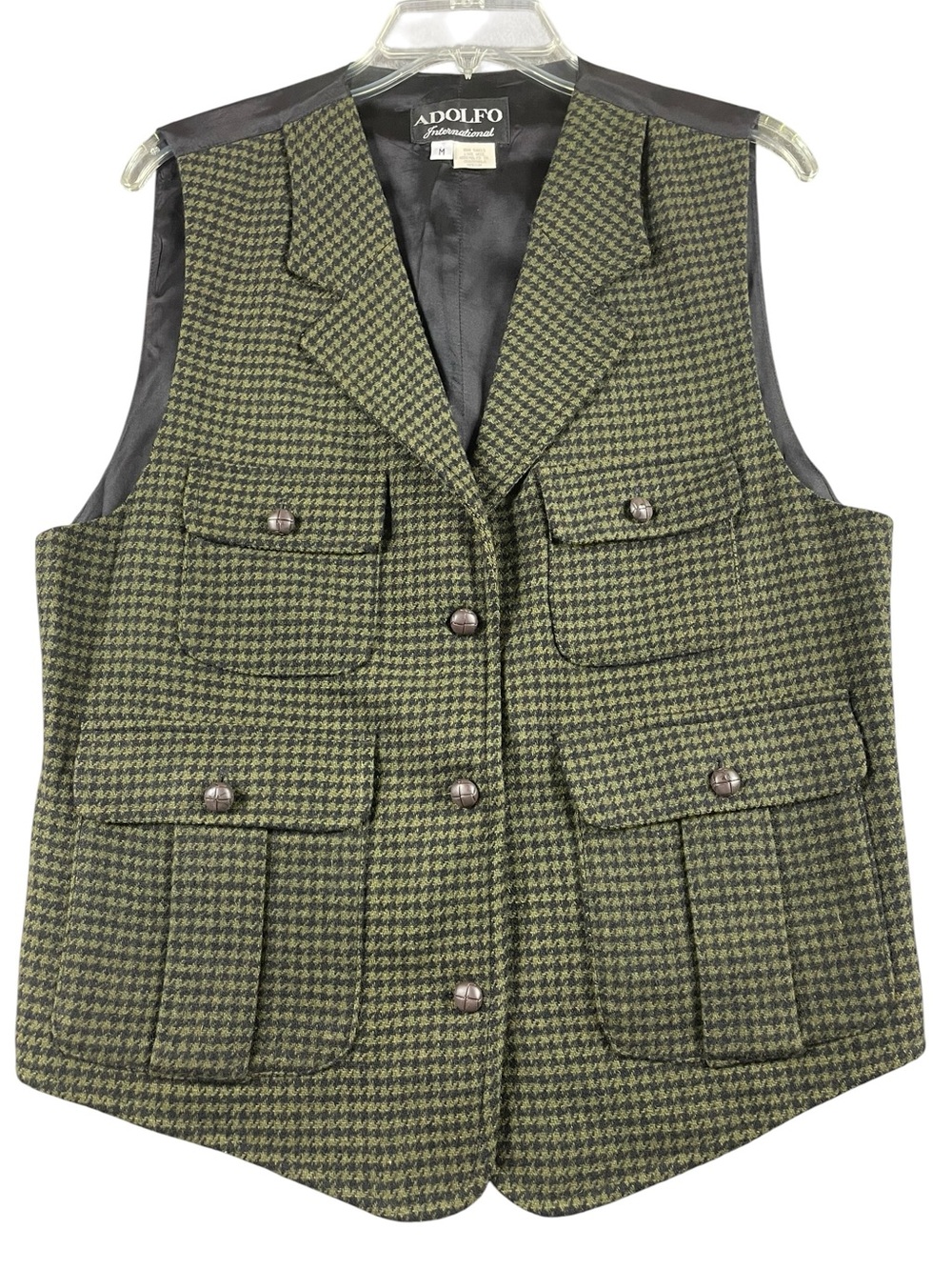 Vintage Adolfo International Wool Houndstooth Tailored Preppy Collegiate Vest  M